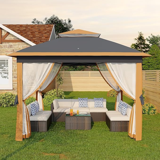 11'x11 Pop-Up Gazebo, Instant Outdoor Canopy Tent with Mosquito Nettings, Durable Steel Frame, Water and UV Proof, for Patio, Garden, Courtyard, Party (Khaki)