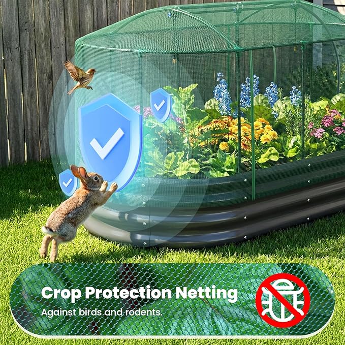 Quictent Galvanized Raised Garden Bed Kit with Self Watering System and Mesh Cover, Large Oval Metal Outdoor Planter Garden Boxes for Vegetables Herbs Flowers, 6x3x1Ft