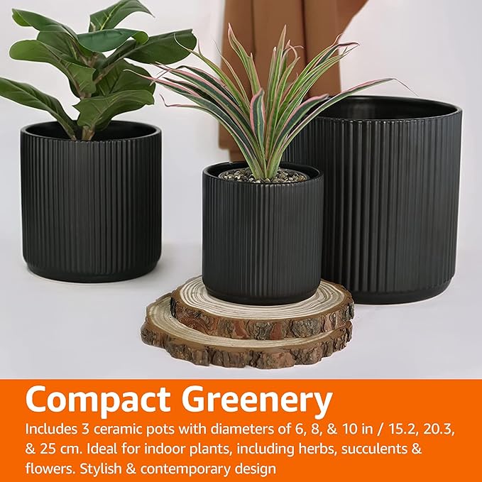 Amazon Basics Fluted Ceramic Round Planters with Drainage Hole, Indoor Outdoor Flower Pots, Assorted Sizes 6, 8, 10 inch, Set of 3, Black