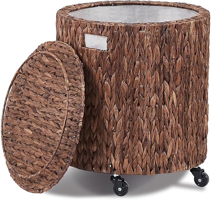 Wimarsbon Round Pouf Ottomans, Handwoven Natural Water Hyacinth Seagrass Pouffe,Outdoor Rattan Stool Accent Seat, Bohemian Coastal Home Decor (Storage Ottoman - Dark Water Hyacinth Braid)