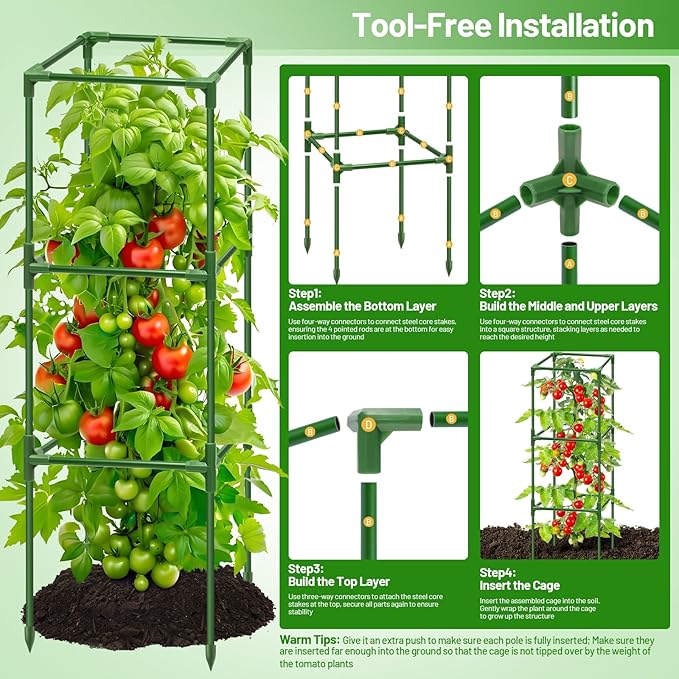 Legigo 6 Pack Square Tomato Cages for Garden- Up to 45 Inch Tomato Trellis Plant Cages Support, Tomato Stakes and Supports Cage for Climbing Vegetables Raised Garden Bed Cucumbers Peppers Flowers
