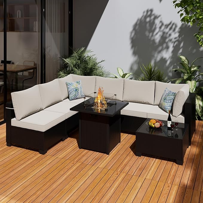 8 Pcs Patio Furniture Set with Fire Pit Table Wicker Outdoor Sectional Sofa, Conversation Set Perfect for Backyard, Garden, Deck (Deep Brown/Beige)