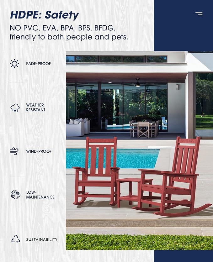 KINGYES Oversized Outdoor Rocking Chair Set of 2, All-Weather Patio Rocking Chairs for Porch, HDPE Outdoor Patio Rockers with High Back & Wide Seat for Garden, Lawn, Red