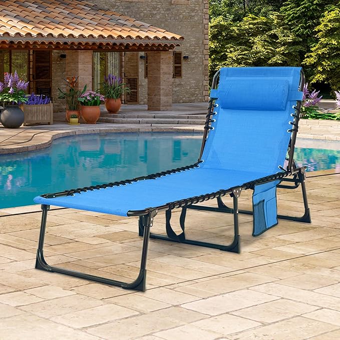 Folding Chaise Lounge Chair - 400lb Capacity, 5-Position Adjustable Recliner with Pillow | Portable for Patio, Pool, Camping & Sunbathing (Blue)