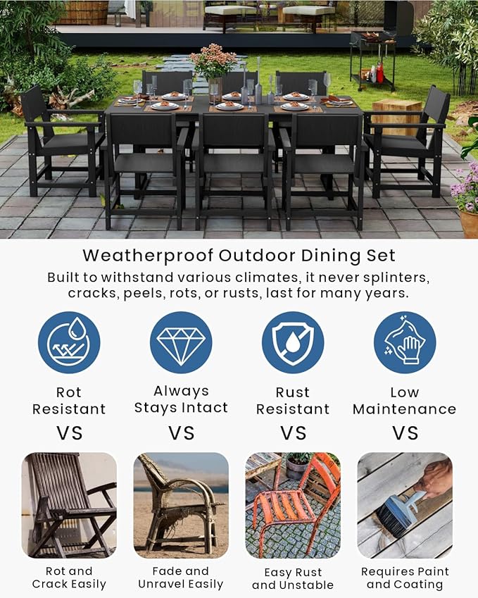 9-Piece Outdoor Dining Set, HDPE Weatherproof Patio Table and Chairs Set for 8, Outdoor Patio Furniture Sets with Umbrella Hole for Outside, Deck, Backyard, Garden (Black)