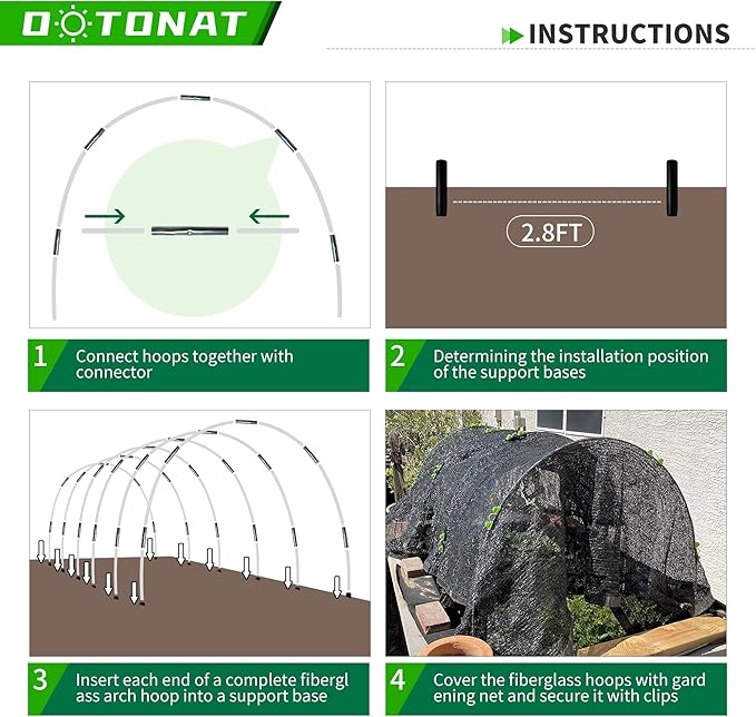 Garden Hoops for Raised Beds- Rust Free Fiberglass Frame Plant Hoops with Support Bases -Greenhouse Hoops Grow Tunnel , 72pcs，Vanilla