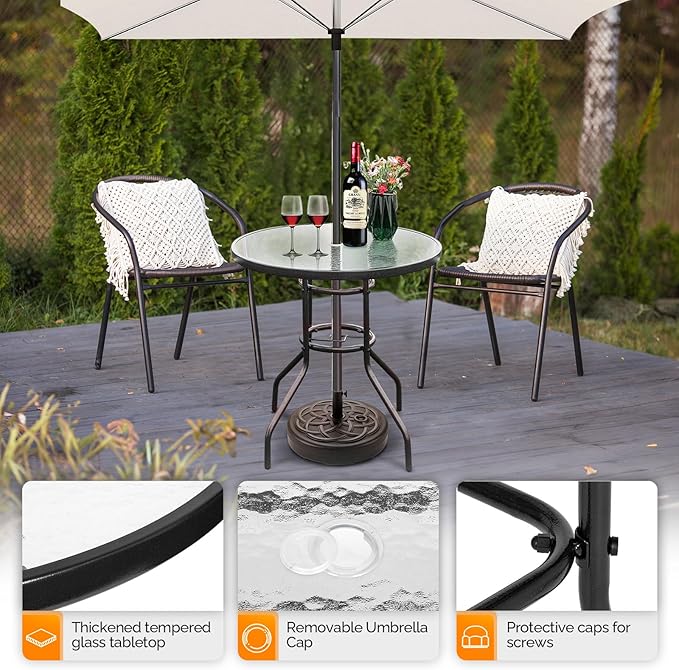VINGLI Round Patio Table with Umbrella Hole, 32" Outdoor Dining Table Steel Tempered Glass Patio Tables Round Outdoor Tables for Balcony Garden Deck
