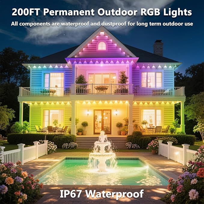 200FT Permanent Outdoor RGB Lights, IP67 Waterproof Smart Eave Lighting, with App/Remote Control Eaves Light, DIY LED Scenes Modes for House Roof Decor,Christmas,Party