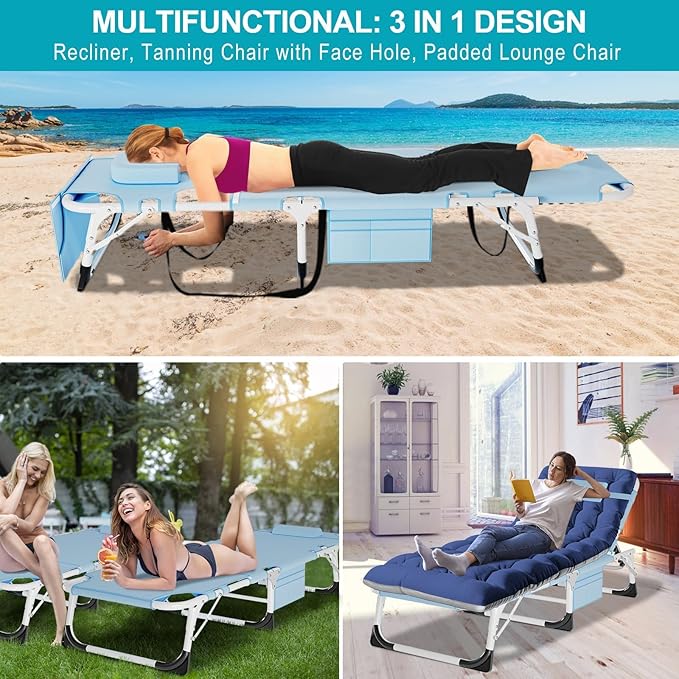 ABORON Oversized Folding Sun Tanning Chair, 3 in 1 Heavy Duty Chaise Lounge Chairs, with Mat/Pillow/Face Arm Holes, Work for Beach Pool/Lawn Yard/Patio