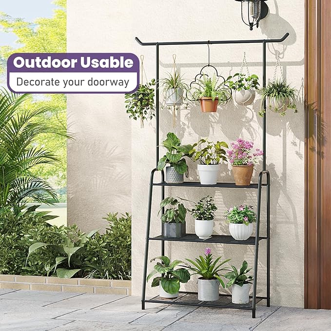 Metal Plant Stand Indoor Outdoor, 3 Tier Tall Corner Plant Shelf, Hanging Flower Ladder for Living Room, Balcony, Garden, Patio (Black)