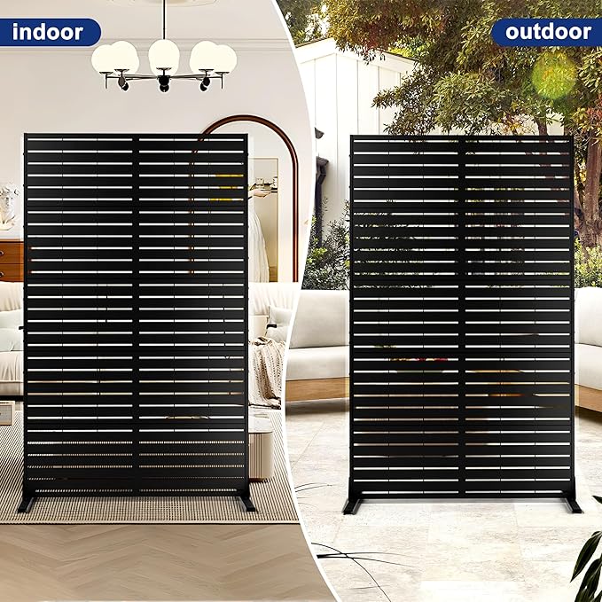FENCY Metal Privacy Screen with Stand 72" H×44" W Outdoor Freestanding Privacy Panels, Outdoor Privacy Screen for Deck Patio Balcony(Black-Louvered)