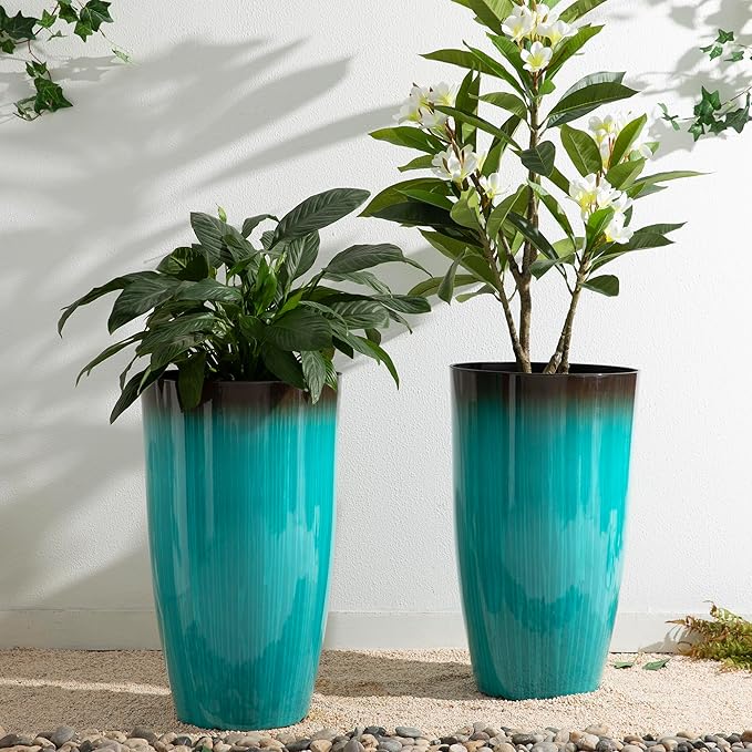 Glitzhome 23.5" H Tall Outdoor Planter, Set of 2 Large Tall Planters with Gradient Turquoise Faux Ceramic Finish, Large Flower Pots for Porch Garden Patio Indoor All Season Decor,with Drainage Holes