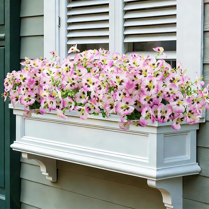 24 Bundles Artificial Pansy Flowers for Outdoor, Faux Silk Pansies Spring Flowers Outside for Planter Front Door Porch Patio Yard Window Box Home Decor (Pink)