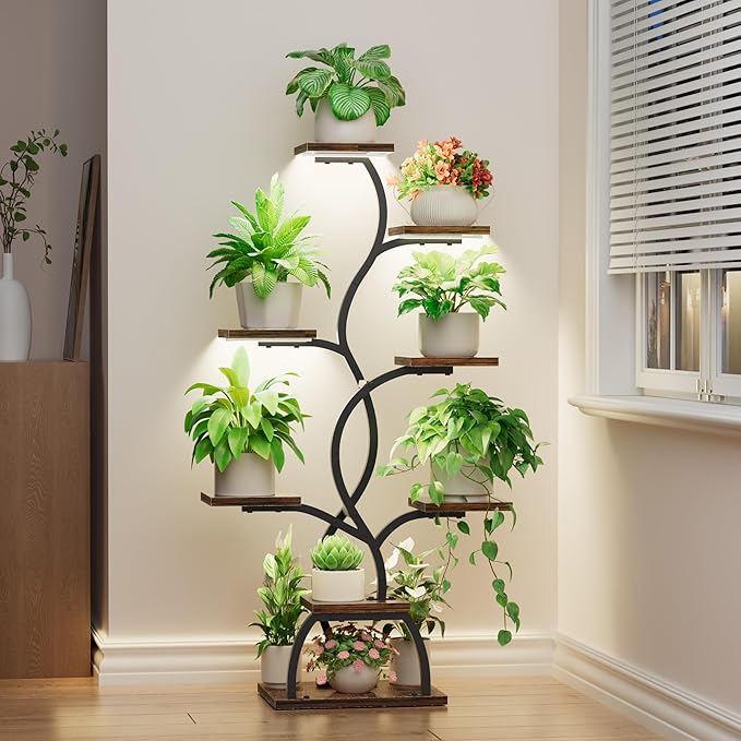 Plant Stand Indoor with Grow Light - 8 Tiered Plant Shelf Indoor, Corner Plant Stand, 49" Tall Plant Shelf with Lights for Indoor Growing, Lighted Flower Holder for Living Room, Balcony, Black