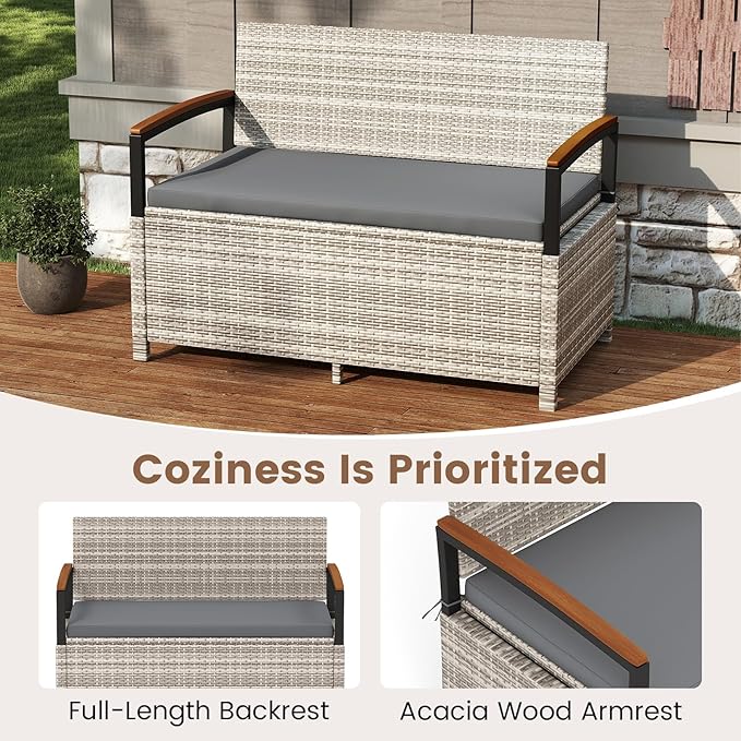 RELAX4LIFE Wicker Outdoor Storage Bench, Rattan Deck Box w/Protective Liner for Patio Furniture Pillows & Garden Tools, Porch Loveseat with Seat Cushion, Acacia Wood Armrests (Grey)