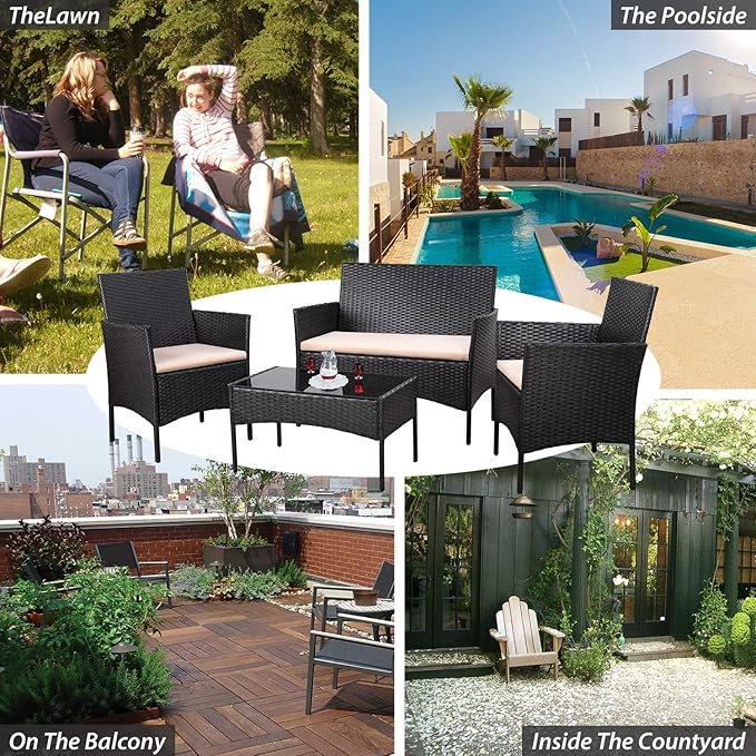 Homall 4 Pieces Outdoor Patio Furniture Sets Rattan Chair Wicker Set,Outdoor Indoor Use Backyard Porch Garden Poolside Balcony Furniture (Black and Beige)