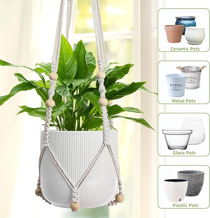3 PCS Macrame Plant Hanger Indoor Hanging Planter Basket with Wood Beads Plants Holder Decorative Flower Pot Holder (POTS NOT Included) (Ivory White)