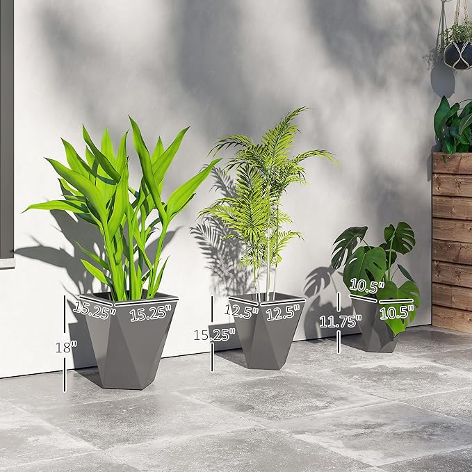 Outsunny Set of 3 Tall Planters, 18", 15.25", 11.75", MgO Indoor Outdoor Planters with Drainage Holes, Stackable Flower Pots for Garden, Patio, Balcony, Front Door, Gray