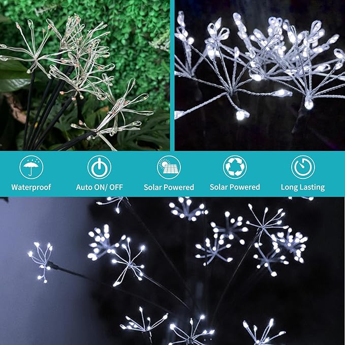 JJGoo Solar Garden Lights, New Upgraded 2 Pack Solar Swaying Starburst Light, Waterproof Fireworks Outdoor Lights, Yard Patio Pathway Decoration, White