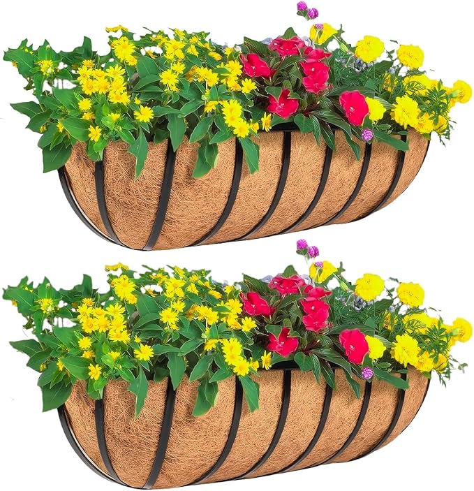 2 Pack 30" Railing Planter Window Box with Coco Fiber Liner Horse Trough Planter The Railing Planter Boxes for Deck Porch Fence Outdoor