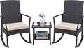 Greesum 3 Pieces Patio Furniture Set Outdoor Wicker Rocking Chairs with Glass Coffee Table for Garden Backyard Porch Poolside, Beige