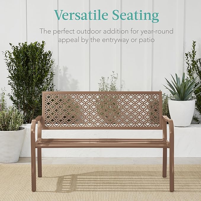 Best Choice Products Outdoor Bench 2-Person Metal Steel Benches Furniture for Garden, Patio, Porch, Entryway w/Geometric Backrest, 790lb Capacity - Taupe