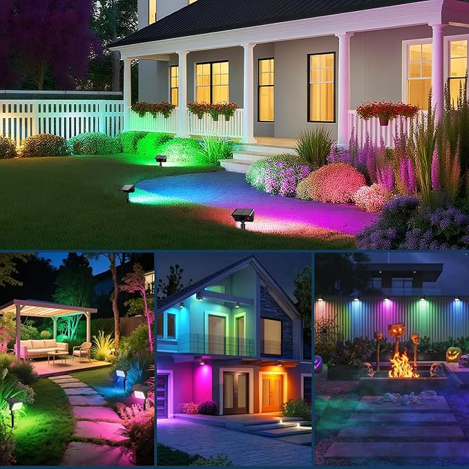 Solar Spot Lights Outdoor with 7 Lighting Modes RGB, 2 Pack Solar Color Changing Lights IP68 with 29 LED & Auto On/Off, Multicolor Outdoor Lights for Outside, Garden, Yard(Multicolor)
