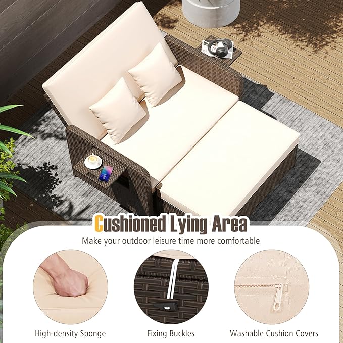 LDAILY Moccha Outdoor Daybed, Wicker Loveseat Sofa Set with 4-Postion Adjustable Backrest, Storage Ottoman, Cushions, Rattan Double Bed Lounger, Patio Furniture Set (Beige)