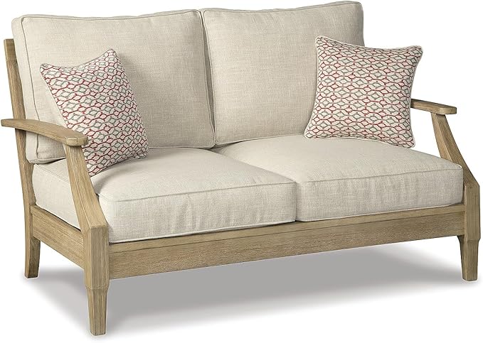 Signature Design by Ashley Clare View Coastal Outdoor Loveseat, Cushioned with Nuvella Fabric, Protective Finish, Eucalyptus Wood, 55.5" W x 35" D x 32" H, Beige