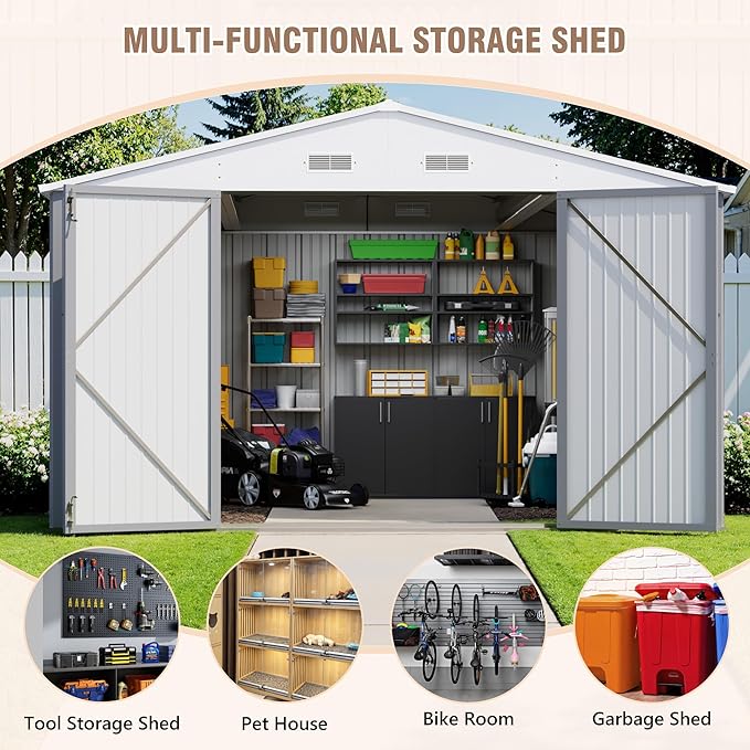 Greesum 10×14 FT Outdoor Storage Shed, Metal Storaged Sheds Without Floor, Tool Sheds with Lockable Doors and Sloping Roof for Garden, Patio, Gray