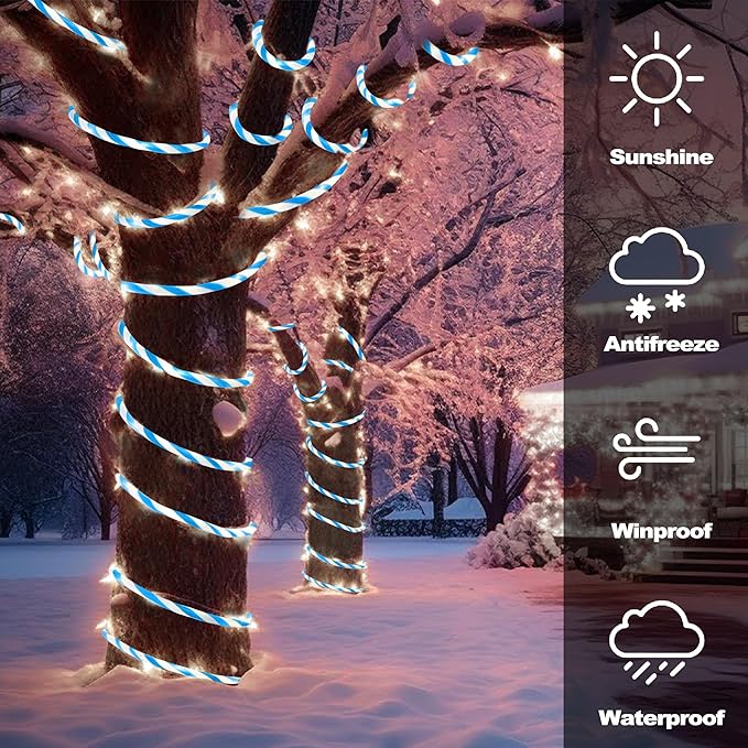 Jnaurb Christmas Candy Cane Lights, 66ft 480 LED Connectable Flexible White & Blue Candy Cane Rope Lights for Outside, 8 Modes Waterproof LED Christmas Light for Garden Patio Tree Holiday Party Decor