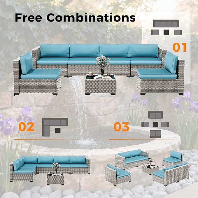 6-Seat Modular Patio Furniture Set – Outdoor Wicker Sectional Sofa with Thick 4″ Cushions, Dual-Strand PE Rattan, Rust-Resistant 18 mm Steel Frame, Backyard Garden Deck Lounge,Blue