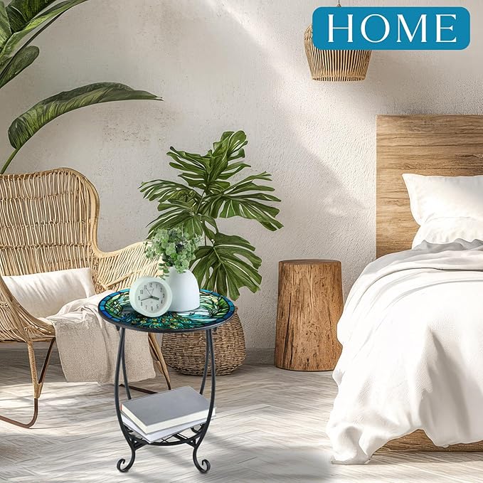 Outdoor Side Table Round Small Mosaic Patio Accent Indoor End Plant Coffee Tea Table for Yard Patio Porch Garden Living Room, Bedroom(Peacock Style,14 Inch)