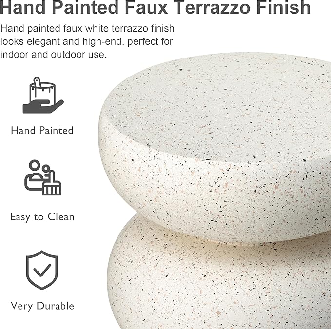 Glitzhome Outdoor Side Table, 18" H Decorative Garden Stool MGO Faux Terrazzo End Table, Heavy Duty Indoor Outdoor Round Planter Stand for Living Room Bedroom Patio Deck Poolside,White