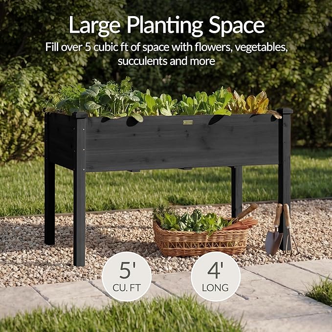 Best Choice Products 48x24x30in Raised Garden Bed, Elevated Wood Planter Box Stand for Backyard, Patio, Balcony w/Bed Liner, 200lb Capacity - Black