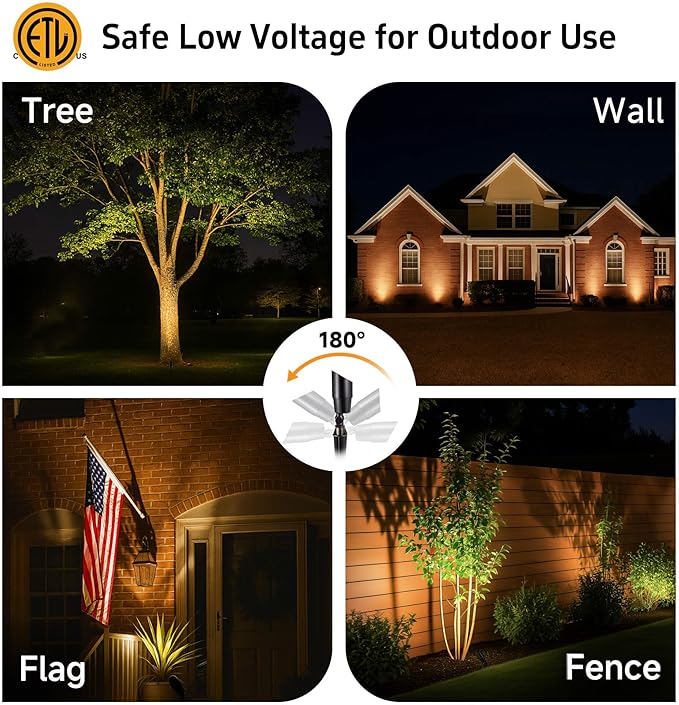 Gardenreet Brass Landscape Lighting - Black Outdoor Low Voltage Spotlights LED, 12V Wired Uplights, Waterproof Spot Lights for Outside Trees with 5W 2700K Warm White MR16 Bulb (4 Pack)