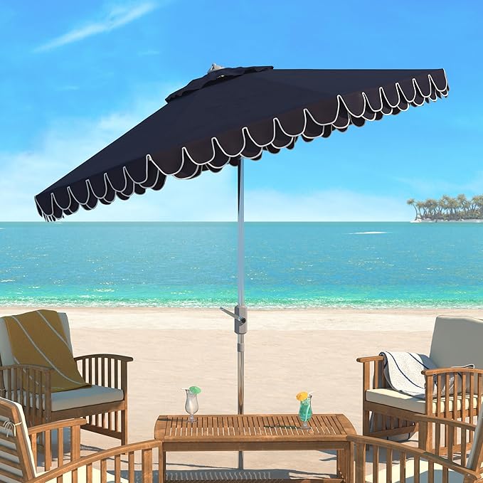 SAFAVIEH 9ft Outdoor Patio Umbrella, Round, Valance, White & Navy Trim, Auto Crank Tilt, UV Resistant for Deck, Backyard, Poolside (PAT8006G)