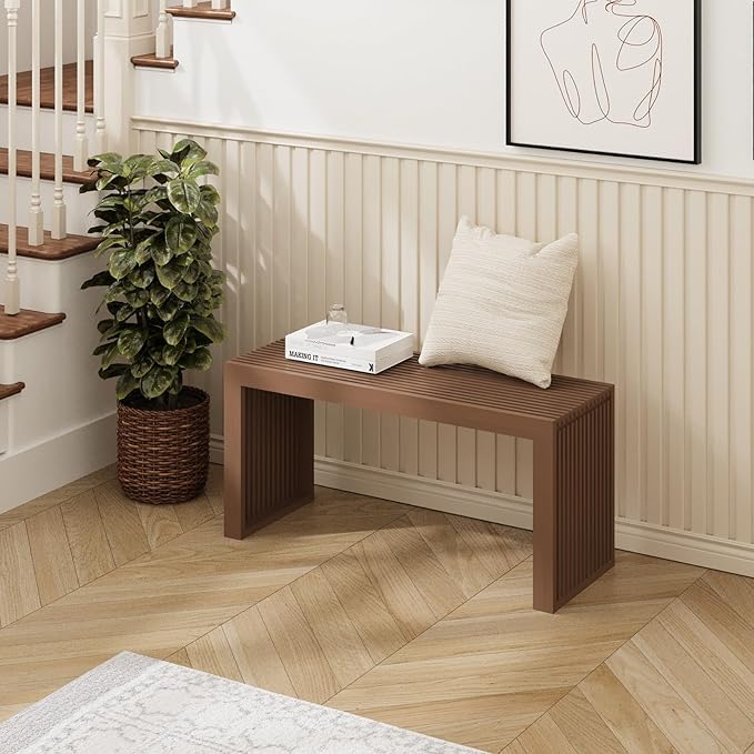 Bamboo Dining Bench, 35 inch Farmhouse Decor Indoor Kitchen Table Bench, Entryway Shoe Rack Bench, Outdoor Bench, Solid Bamboo Benches for Living Room, Hallway, Bedroom, Bathroom (Brown, Long)