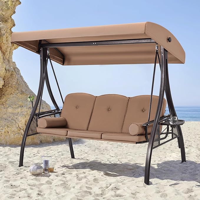 HOMREST 3 Seat Outdoor Porch Swing with 1.5" Deepened Cup Holder, Adjustable Canopy, Patio Swing Bed with Stand, Patio Glider Swing with Thicken Cushions, Pillow for Yard, Garden(Brown)