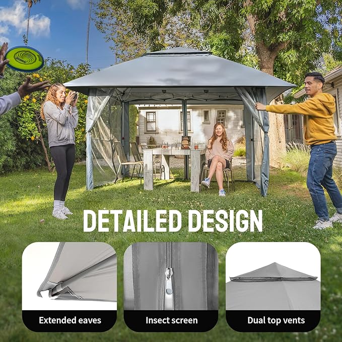 CROWN SHADES 11X11 Outdoor Pop Up Gazebo Base 10X10 Patio Gazebos Patented Center Lock Quick Setup Newly Designed Storage Bag Instant Canopy Tent with Mosquito Nettings (11x11, Gray)