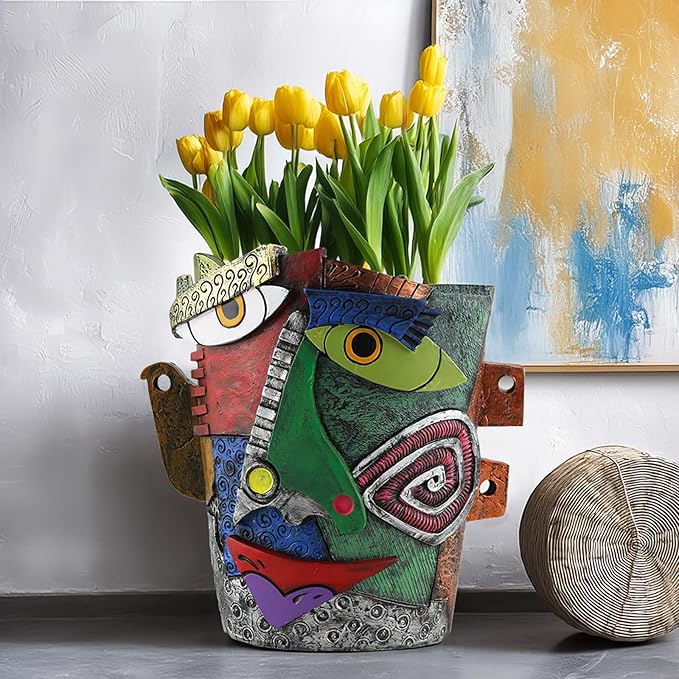TOZLU Art Abstract Face Planters Pots Head,Unique Fun Abstract Face Flower Pot Ornaments Head Planter Pots Container Colorful Resin Flower Pot for Home and Garden Decor(Picasso Abstract Flowerpot)