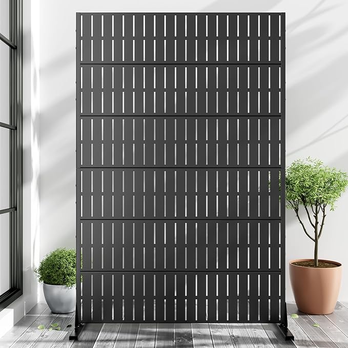 Casaphoria Metal Privacy Screen Outdoor, 72" H x 47" W Freestanding Decorative Privacy Screen for Patio Deck Balcony Garden with Stable Base, Black-Fence