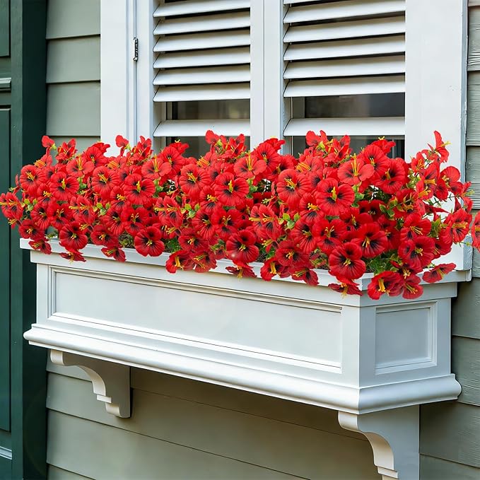 12 Bundles Artificial Pansy Flowers for Outdoor, Faux Silk Pansies Spring Flowers Outside for Planter Front Door Porch Patio Yard Window Box Home Decor (Red)