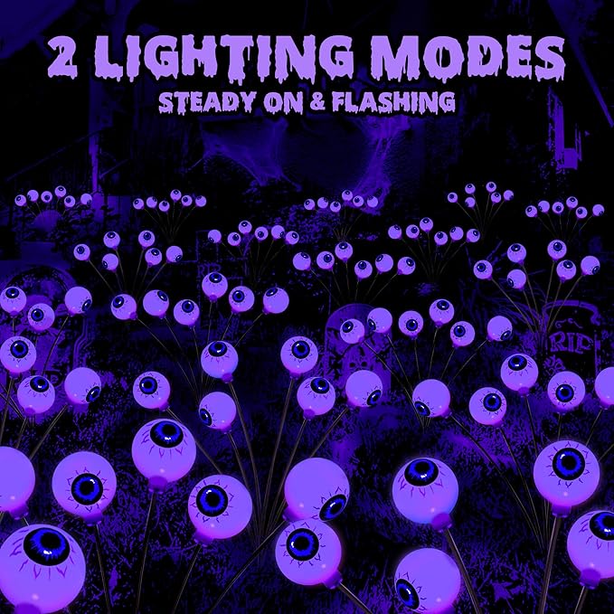 BrizLabs Halloween Eyeball Lights, 2 Pack 12 LED Solar Halloween Lights, 2 Modes Outdoor Spooky Walkway Light, Purple Swinging Firefly Light, Outside Purple Pathway Lighting for Yard Garden Lawn Party