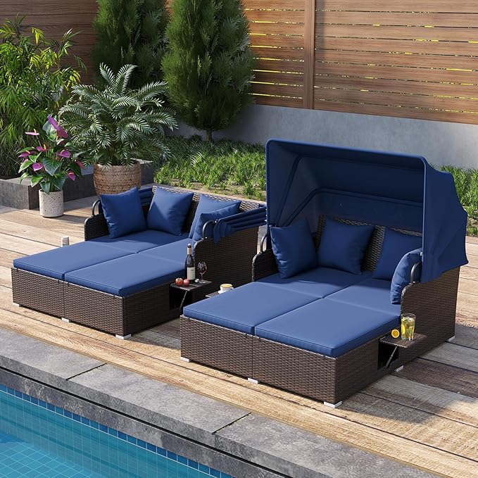 Tangkula Patio Rattan Daybed with Retractable Canopy, Outdoor Wicker Sunbed with 2 Foldable Side Tables, Thick Seat & Back Cushions, Outside Double Daybed for Garden, Backyard, Porch, Navy & Brown