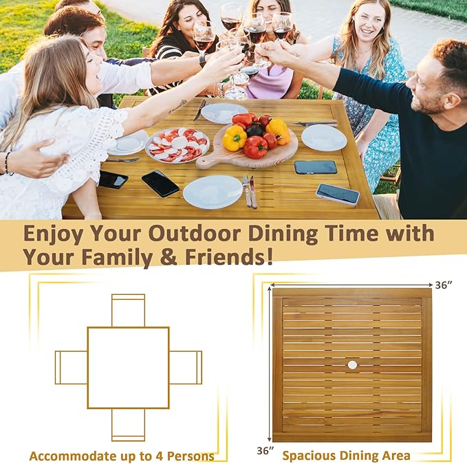Tangkula 36" Square Outdoor Dining Table, Acacia Wood 4-Person Patio Dining Table with 1.9" Umbrella Hole, Farmhouse Patio Bistro Table, Indoor Outdoor Dining Furniture for Yard Deck Lawn
