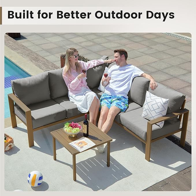UDPATIO 6 Piece Patio Furniture Set, Faux Wood Metal Outdoor Sectional Sofa with 6" Thick Olefin Cushions, Wide Armrest & Coffee Table, L Shaped Outdoor Furniture for Garden, Backyard Dark Grey