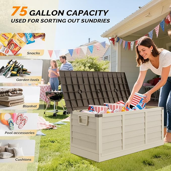 VINGLI 75 Gallon Collapsible Outdoor Storage Box, Simple-to-assemble Plastic Storage Containers with Lid, Patio Deck Box Furniture for Garden, Pool, Balcony, Yard (Coffee)