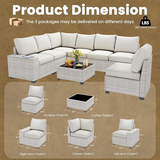 9 Piece Outdoor Patio Furniture Set with 28'' Fire Pit Table, Outdoor Sectional Furniture, Rattan & Wicker Modern Modular Conversation Set Sofa Couch W/Water Resistant Washable Thick Cushions, Beige