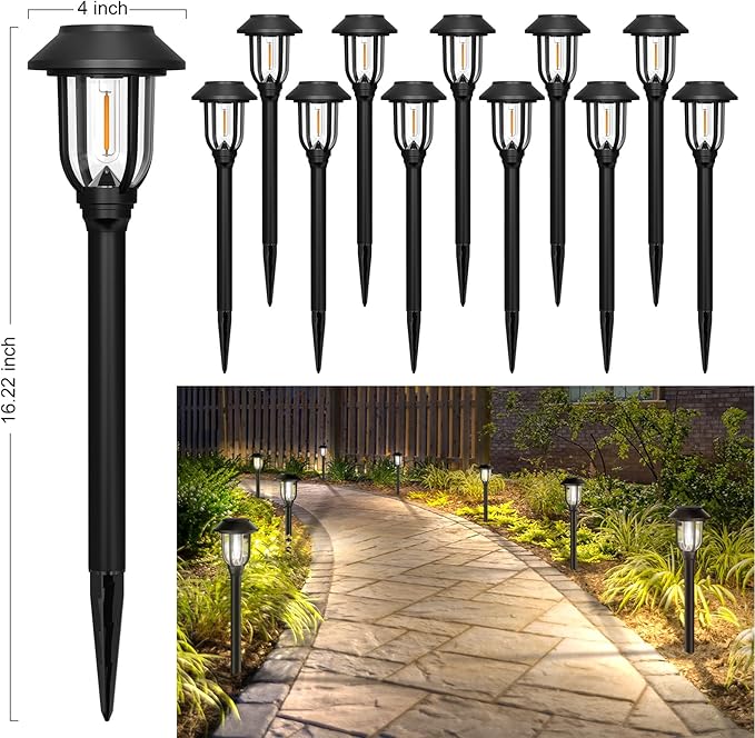 12 Pack Solar Lights Outdoor, 6000K Bright Solar Pathway Lights for Outside, Auto On/Off Waterproof Solar Powered,Landscape Lighting for Walkway, Yard, Path, Driveway, Garden